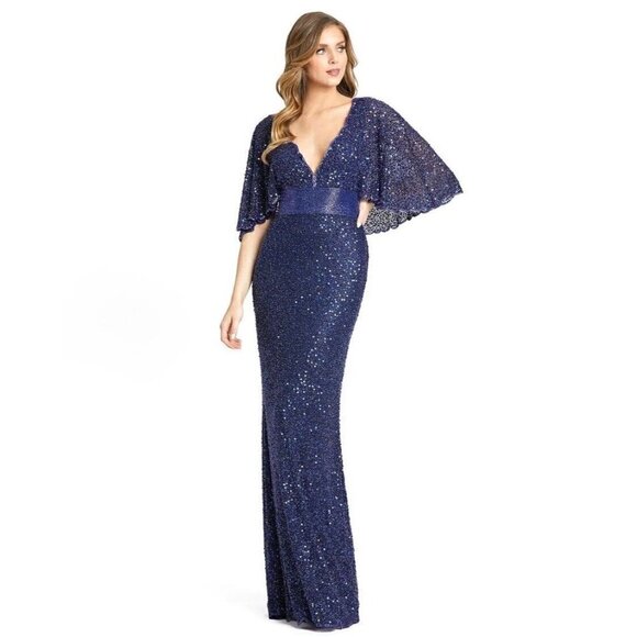Mac Duggal Size 4 Navy Blue SEQUINED V-NECK CAPE SLEEVE BEADED WAIST GOWN 4808 - Picture 1 of 11